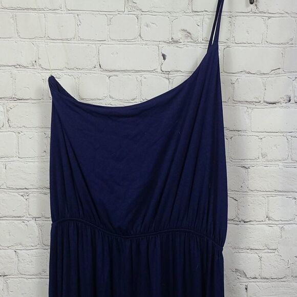 Modcloth Vertical Wave Navy Blue Ruffled Maxi Dress One Shoulder Fit & Flare - Picture 6 of 9